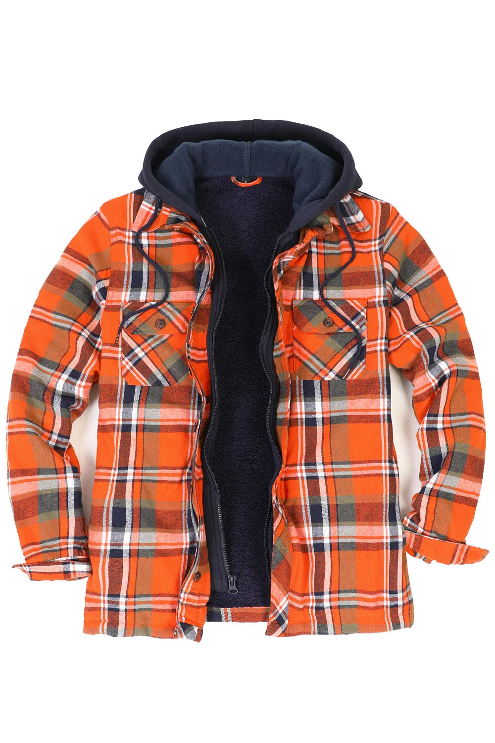 Men's plaid flannel shirt jacket with hood, featuring a fuzzy sherpa lining and multiple pockets for convenience.