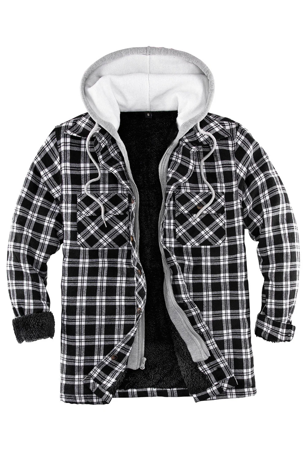 Men's plaid flannel shirt jacket with hood, featuring a fuzzy sherpa lining and multiple pockets for convenience.