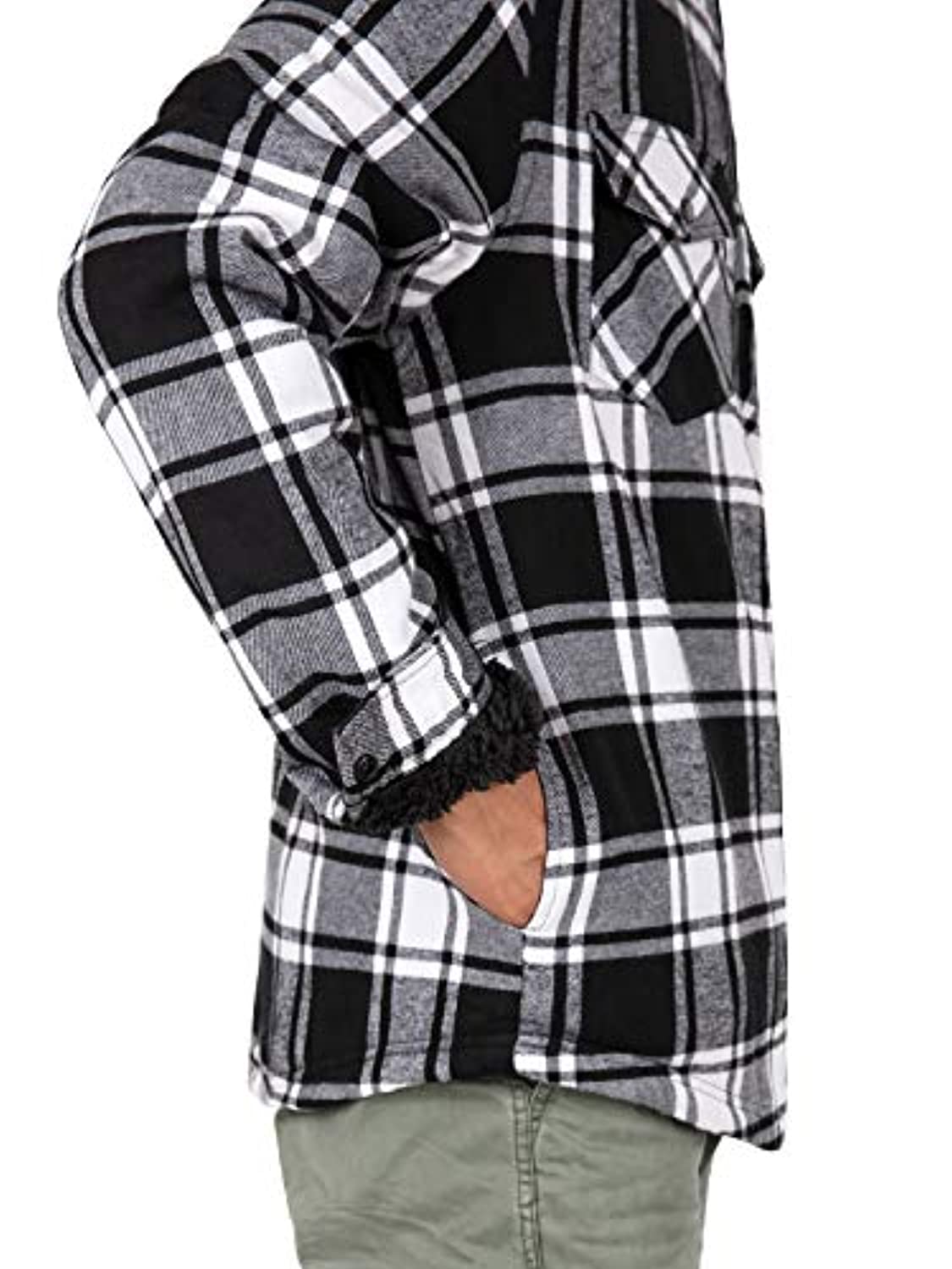 Men's Matching Family Black White Hooded Flannel Jacket with fleece lining, stylish design, and hood for winter warmth.
