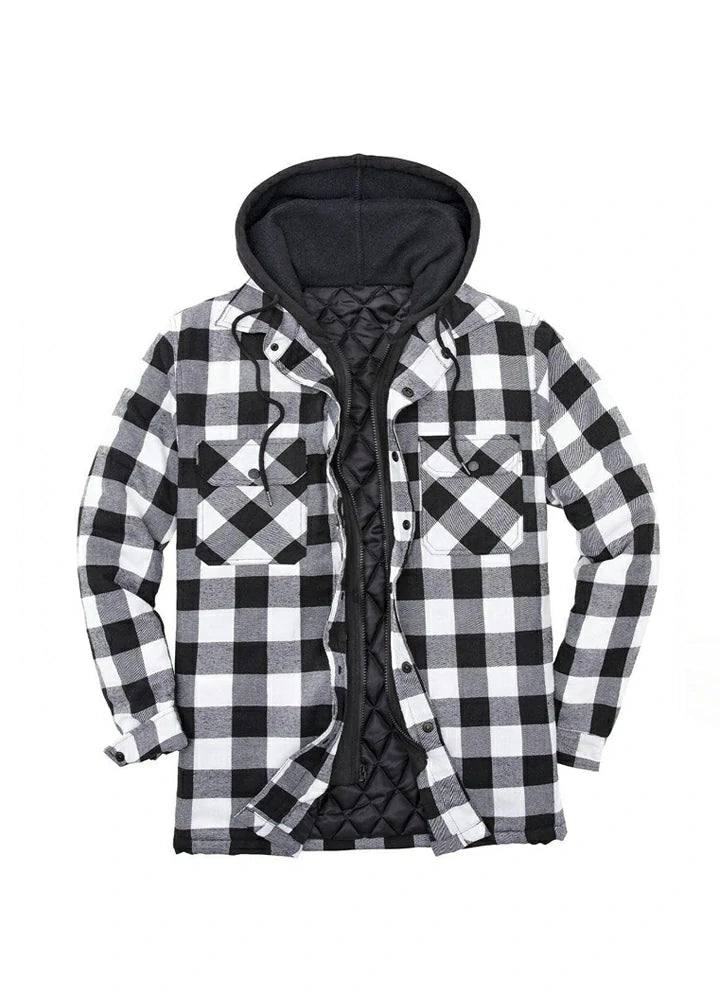 Men's Matching Family Black White Hooded Flannel Shacket displayed on a hanger, showcasing its stylish design and cozy hood.