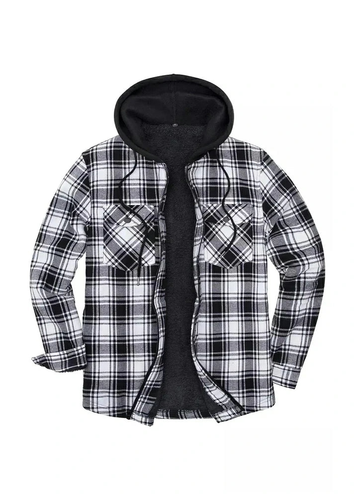 Men's Matching Family Black White Plaid Zip Up Hooded Jacket displayed on a hanger, showcasing its stylish plaid design and cozy hood.