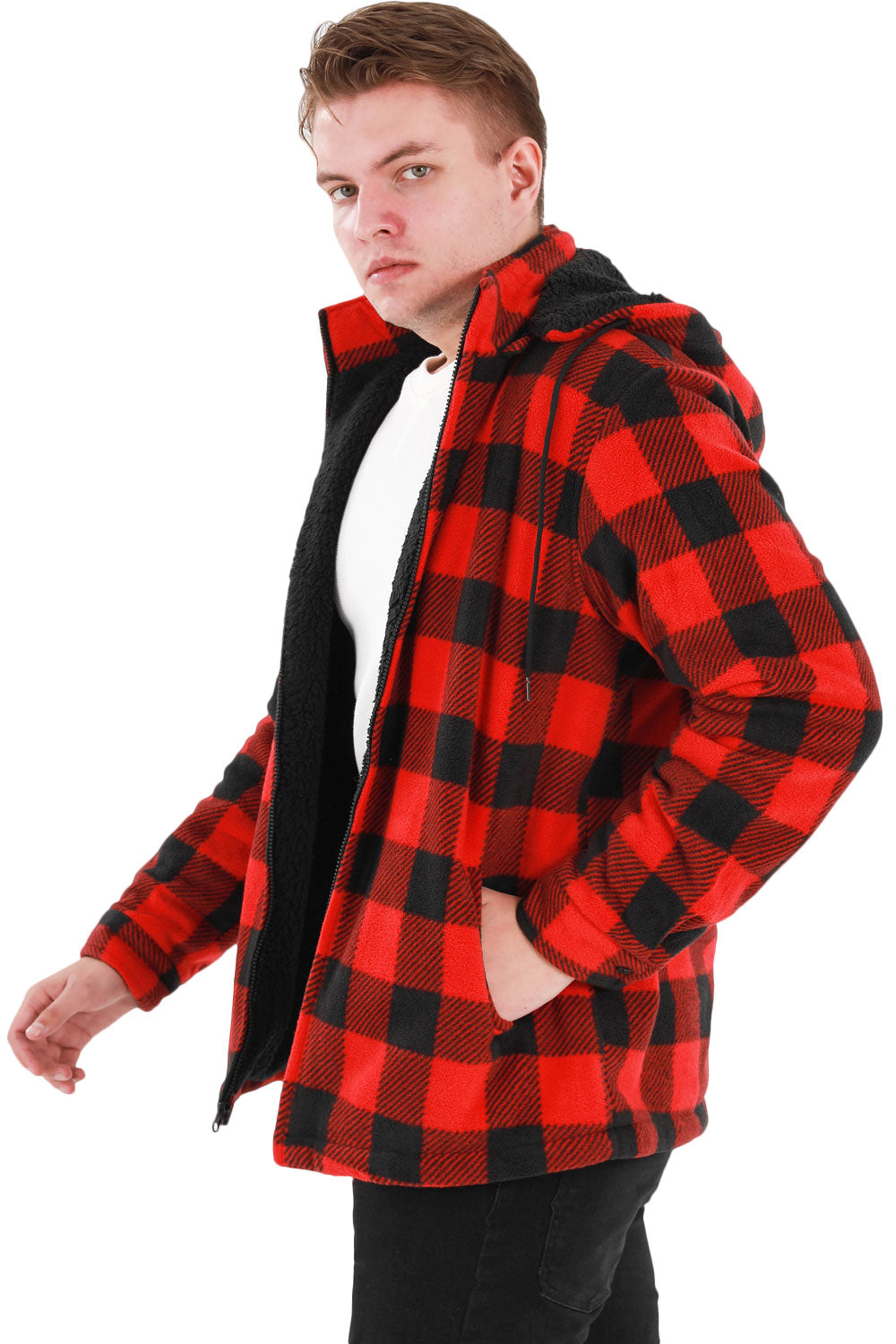 Men's Matching Family Fleece Buffalo Red Plaid Shirt Jacket displayed on a hanger, showcasing its cozy fleece material and festive plaid pattern.