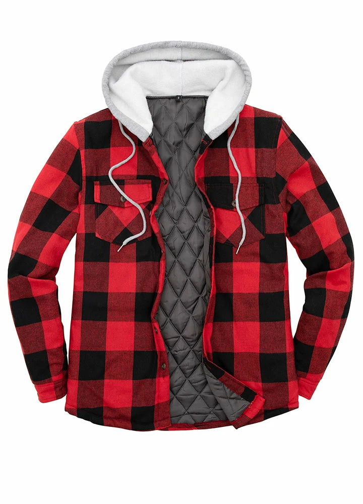 Men's Matching Family Quilted Lined Red Plaid Hoodie displayed on a hanger, showcasing its vibrant red plaid pattern and cozy quilted lining.