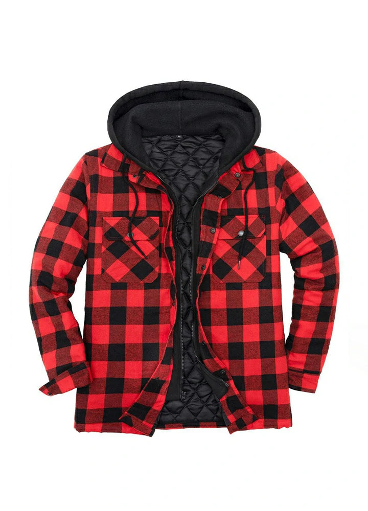 Men's Matching Family Red Buffalo Plaid Hooded Flannel Shacket displayed on a hanger, showcasing its stylish design and cozy hood.