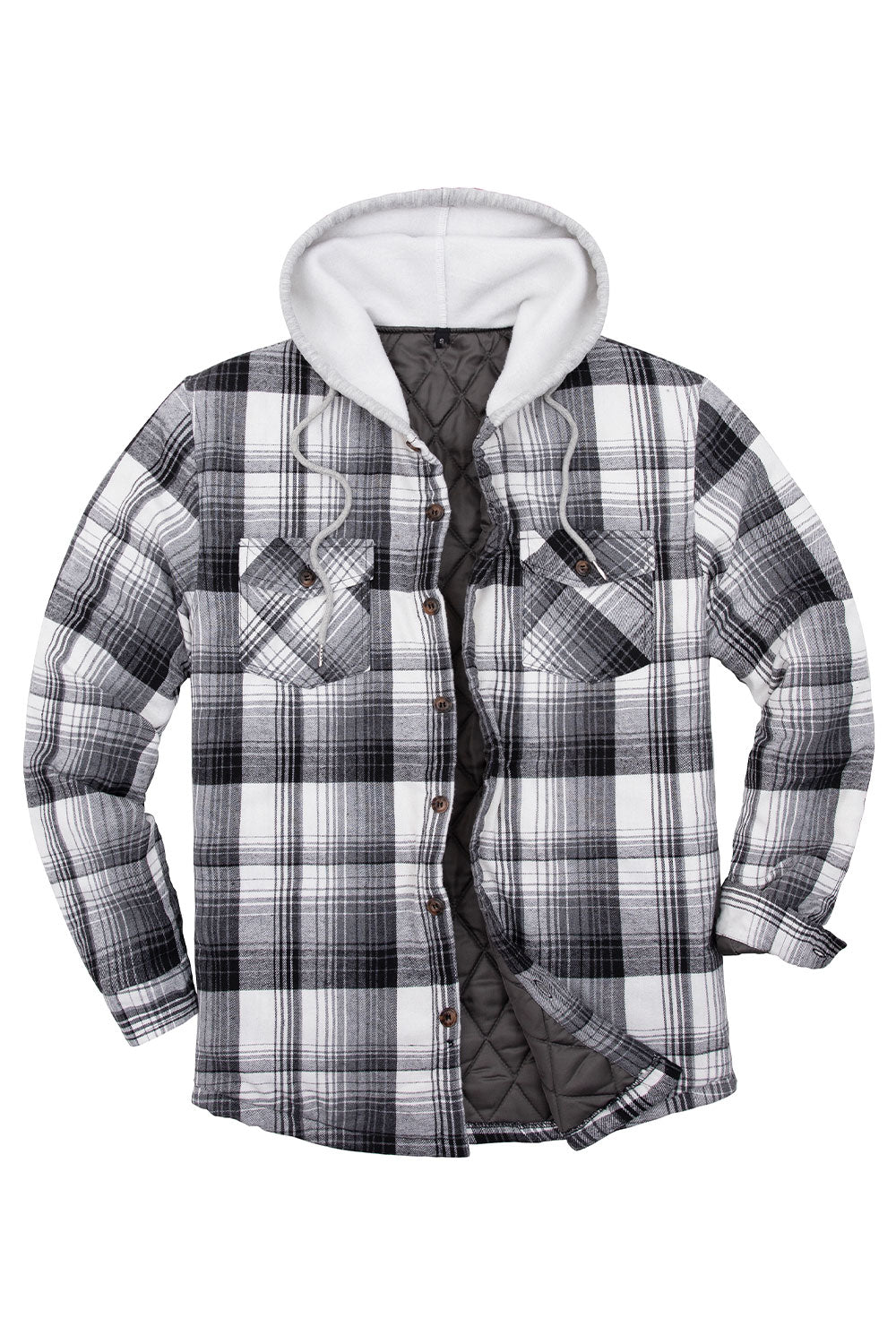 Men's Quilted Lined Button Down Plaid Flannel Shirt Jacket with Hood, featuring a stylish plaid pattern and quilted insulation for warmth.