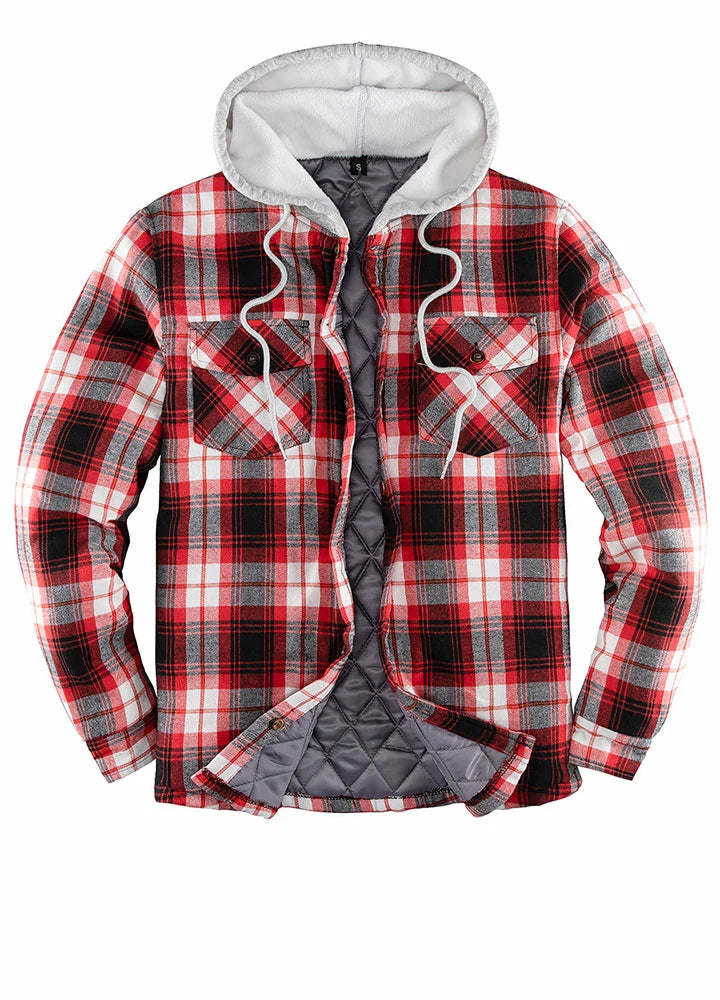 Men's Quilted Lined Button Down Plaid Flannel Shirt Jacket with Hood, featuring a stylish plaid pattern and quilted insulation for warmth.