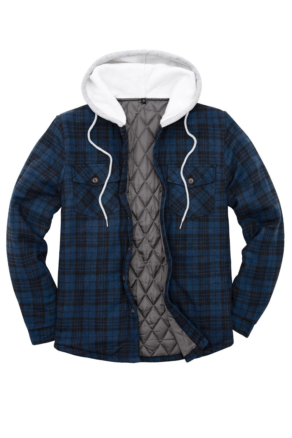Men's Quilted Lined Button Down Plaid Flannel Shirt Jacket with Hood, featuring a stylish plaid pattern and quilted insulation for warmth.