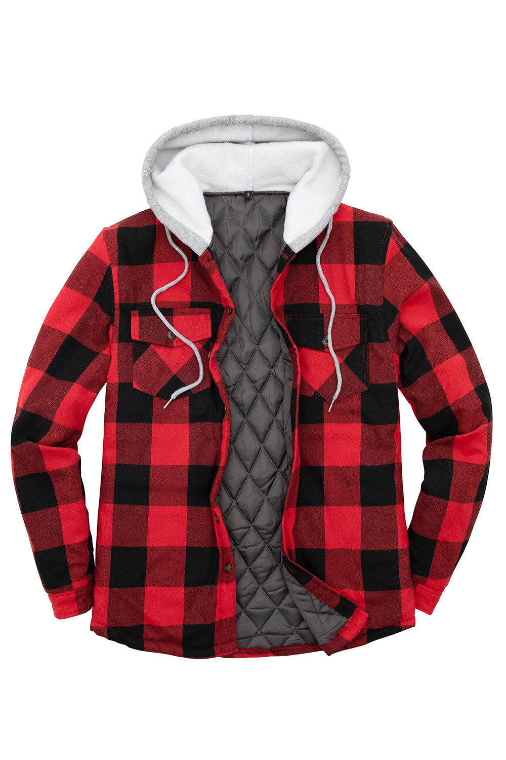 Men's Quilted Lined Button Down Plaid Flannel Shirt Jacket with Hood, featuring a stylish plaid pattern and quilted insulation for warmth.