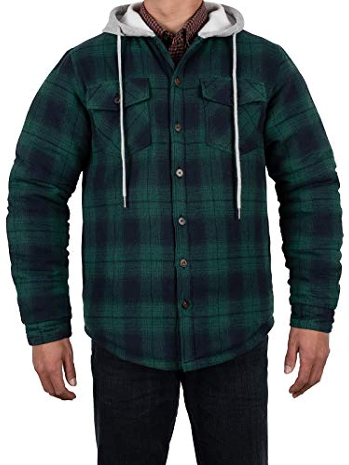 Men's Quilted Lined Button Down Plaid Flannel Shirt Jacket with Hood, featuring a stylish plaid pattern and quilted insulation for warmth.
