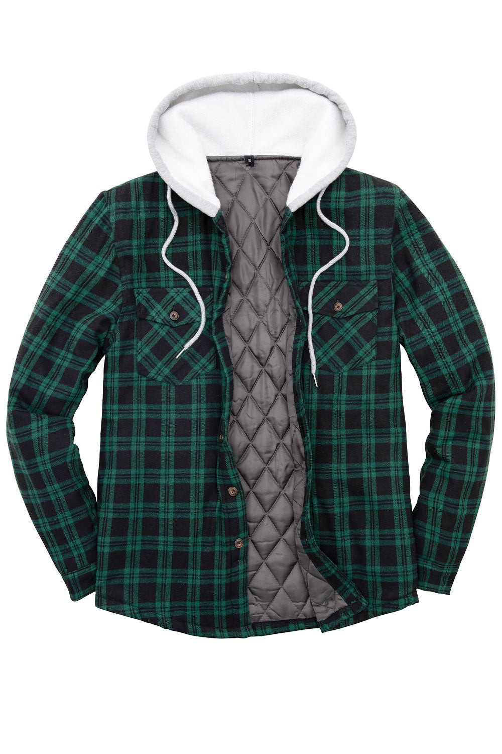 Men's Quilted Lined Button Down Plaid Flannel Shirt Jacket with Hood, featuring a stylish plaid pattern and quilted insulation for warmth.