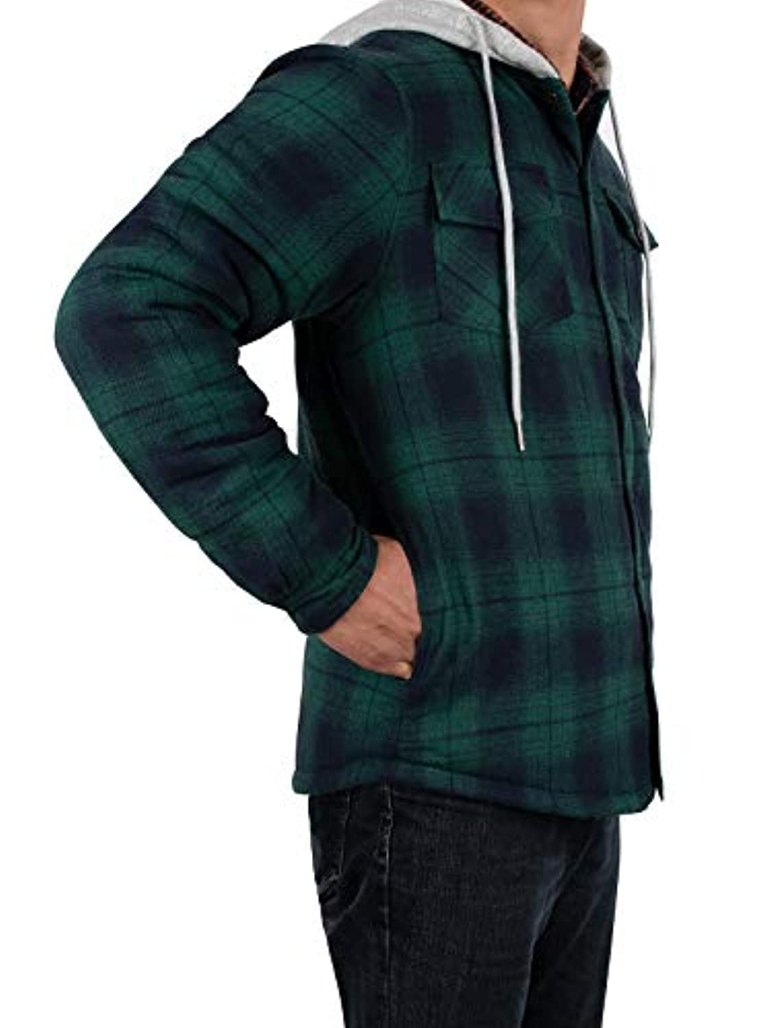 Men's Quilted Lined Button Down Plaid Flannel Shirt Jacket with Hood, featuring a stylish plaid pattern and quilted insulation for warmth.