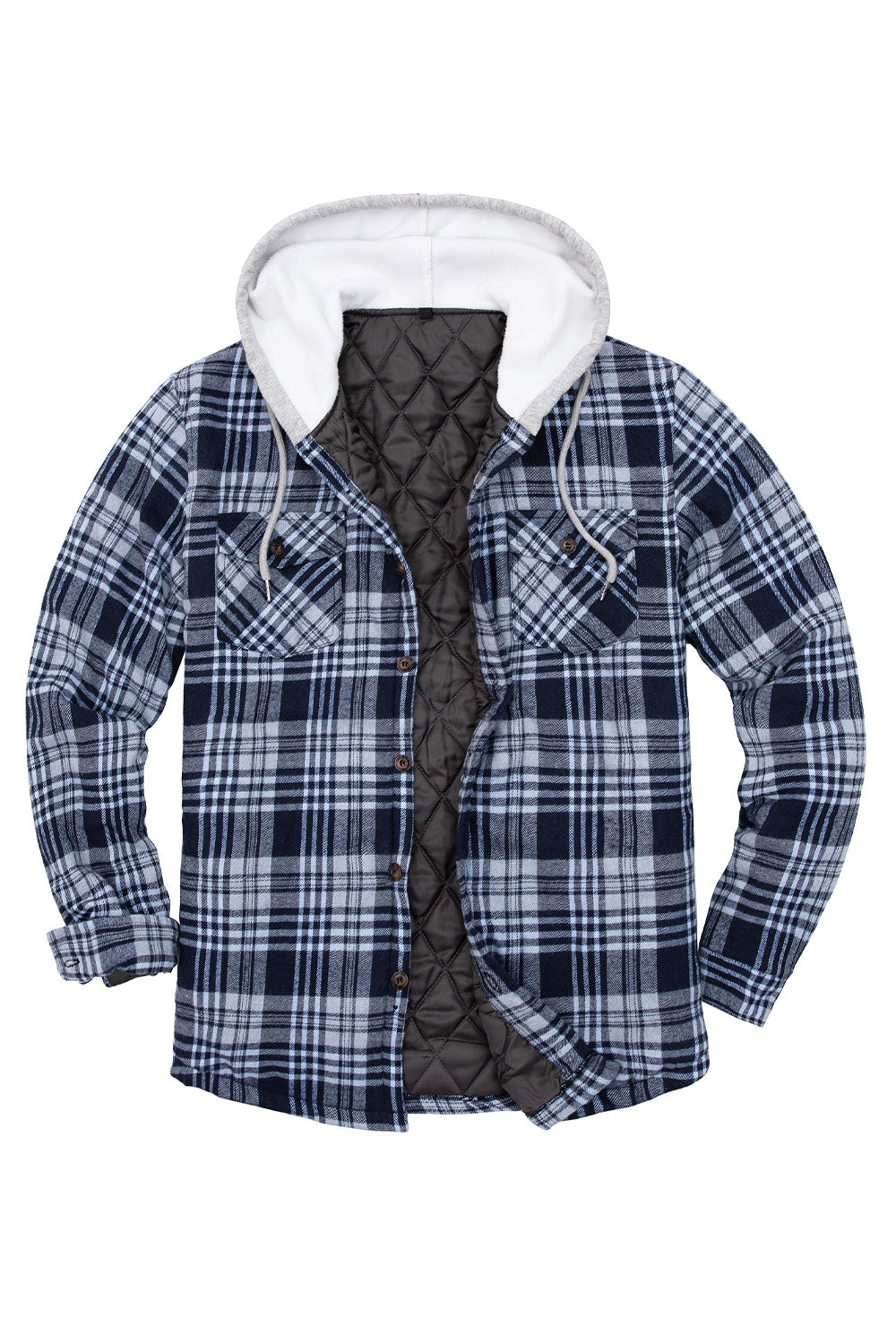 Men's Quilted Lined Button Down Plaid Flannel Shirt Jacket with Hood, featuring a stylish plaid pattern and quilted insulation for warmth.