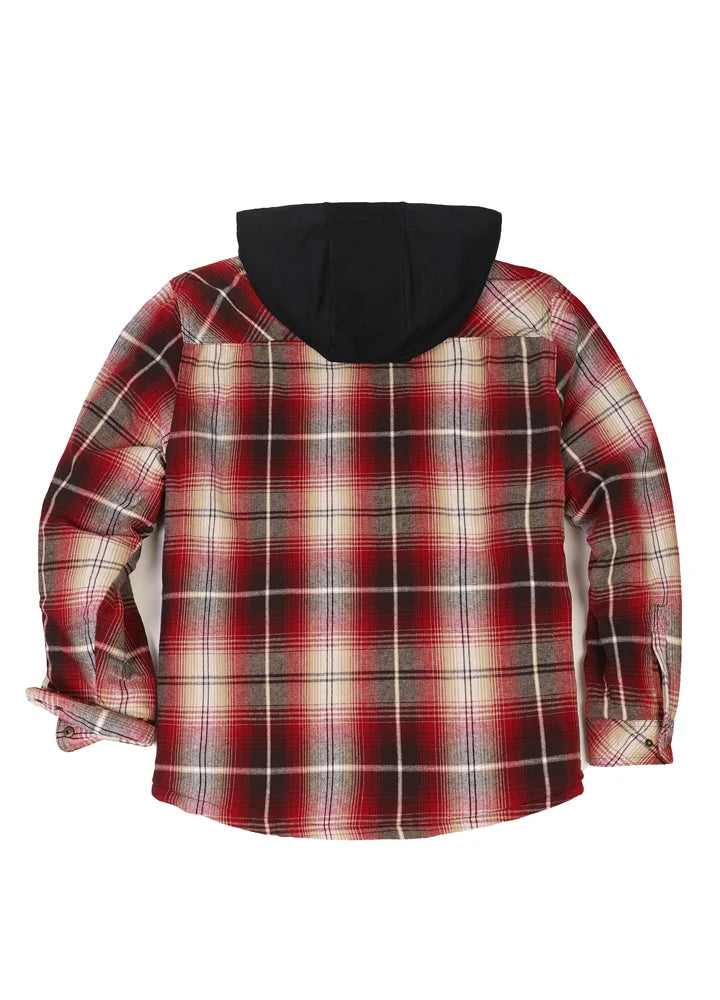Men's Quilted Lined Hooded Flannel Shacket with snap buttons, showcasing a stylish design and warm quilted lining.
