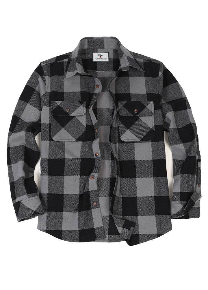 Men's Rugged Stiff Flannel Shirt made from 100% cotton, featuring long sleeves, buttoned cuffs, and front pockets in a stylish design.