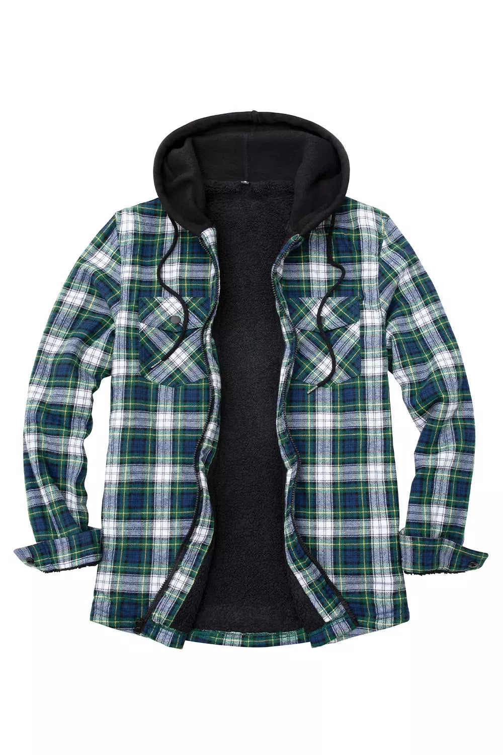 Men's Sherpa Lined Full Zip Up Flannel Plaid Hooded Jacket featuring a stylish plaid design, cozy Sherpa lining, and multiple pockets.