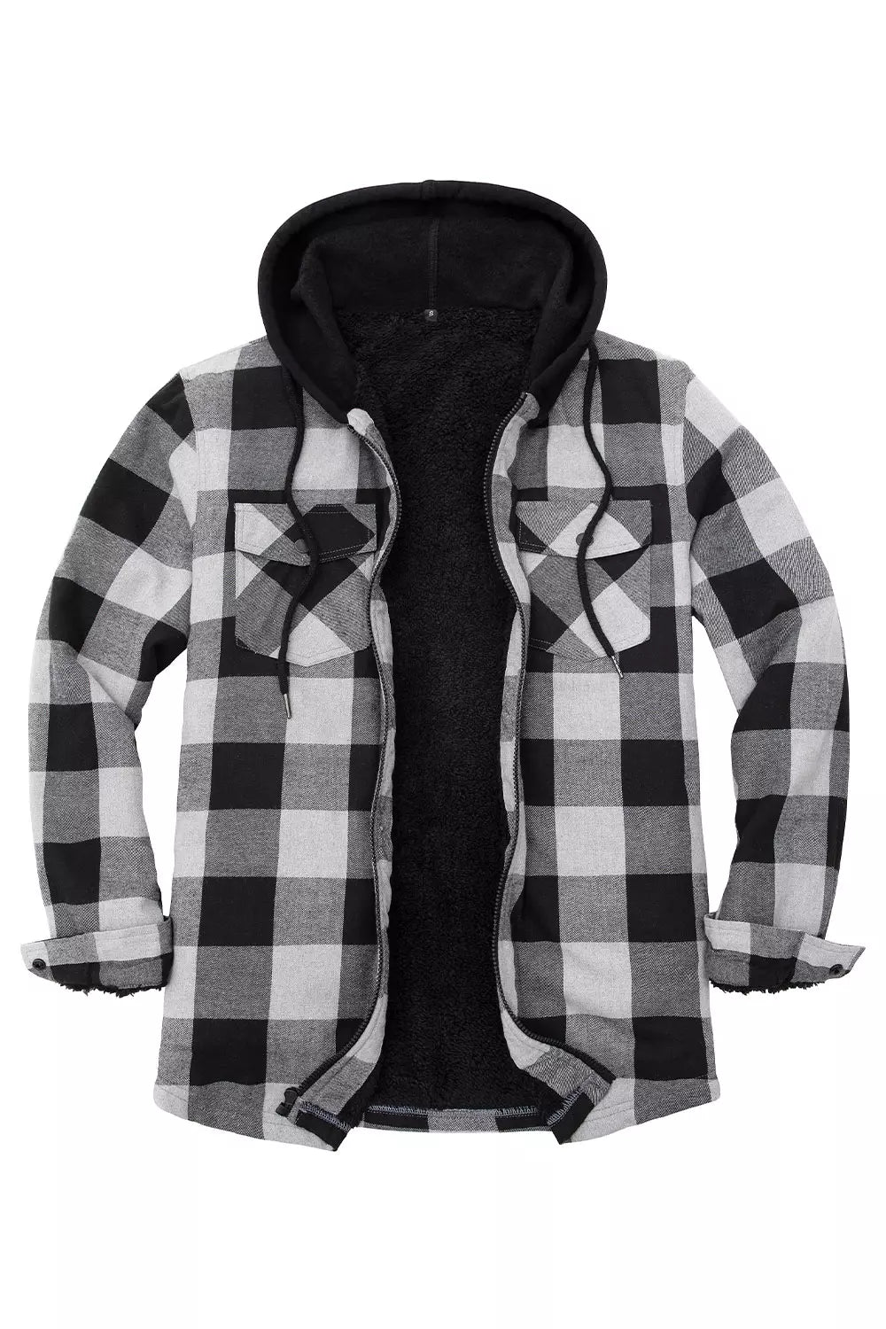 Men's Sherpa Lined Full Zip Up Flannel Plaid Hooded Jacket featuring a stylish plaid design, cozy Sherpa lining, and multiple pockets.