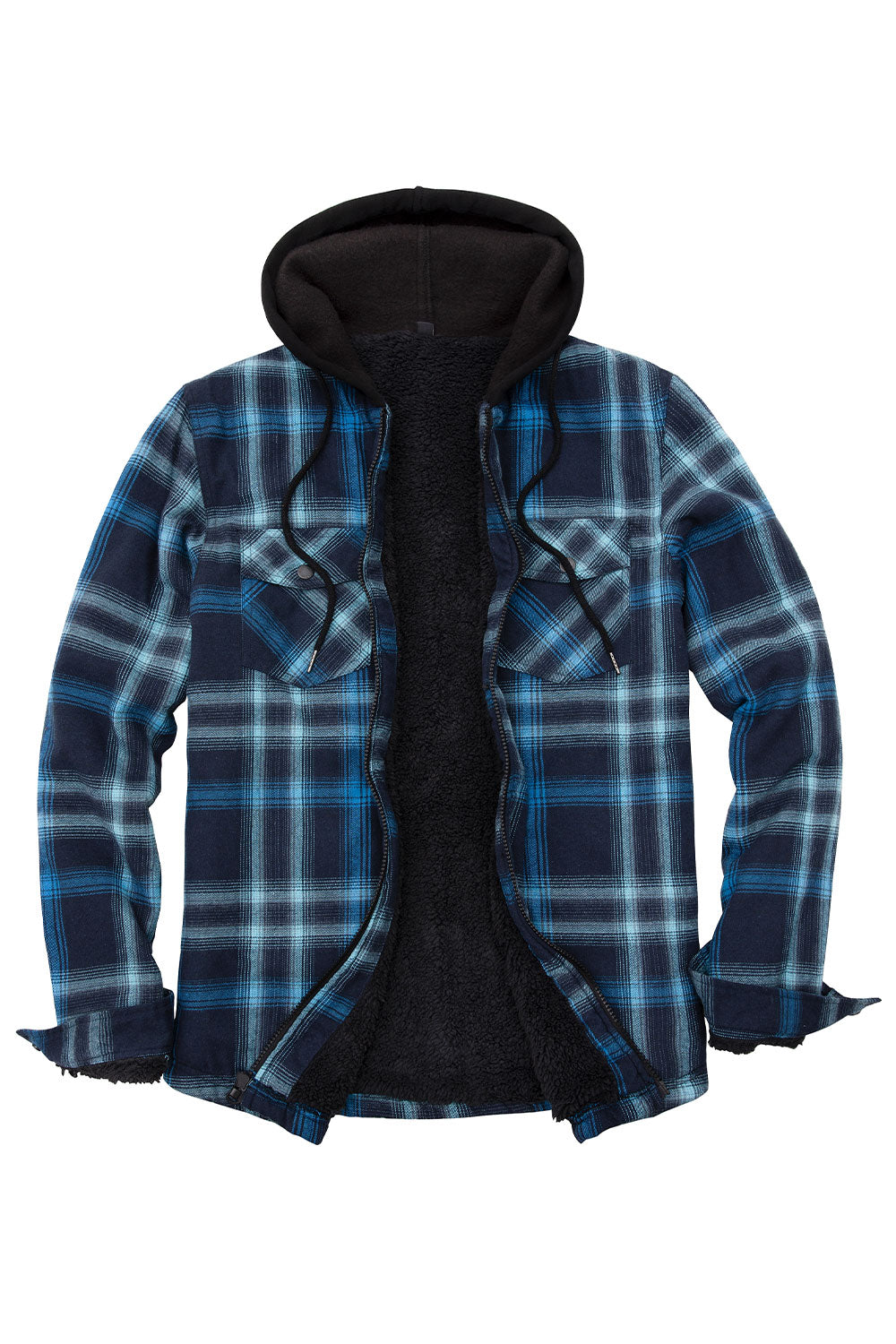 Men's Sherpa Lined Full Zip Up Flannel Plaid Hooded Jacket featuring a stylish plaid design, cozy Sherpa lining, and multiple pockets.