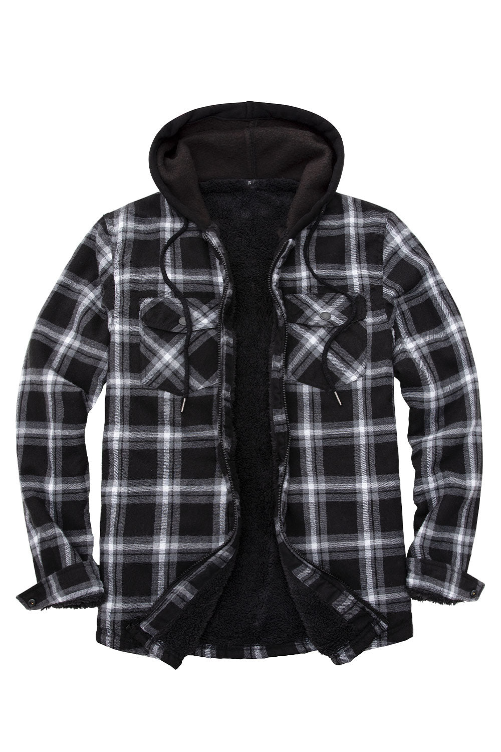 Men's Sherpa Lined Full Zip Up Flannel Plaid Hooded Jacket featuring a stylish plaid design, cozy Sherpa lining, and multiple pockets.