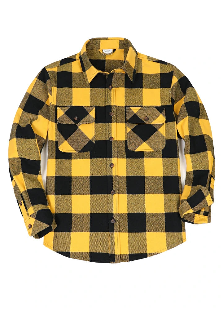 Men's Stalwart Heavyweight Flannel Shirt in plaid pattern, showcasing its relaxed fit and premium fabric.