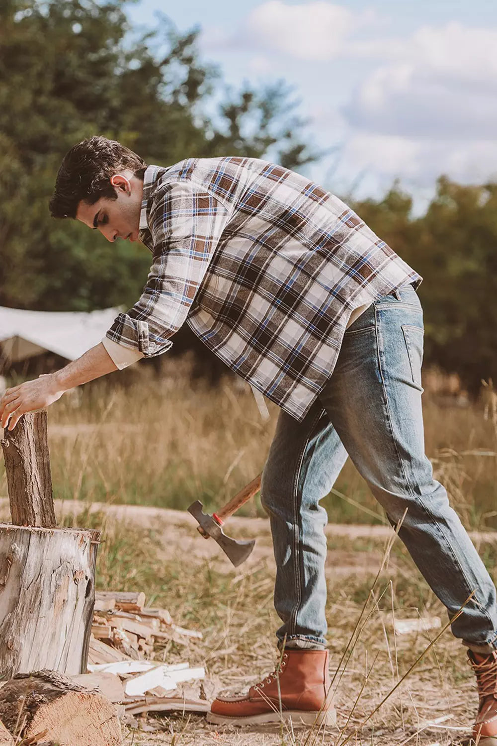Men's Stalwart Heavyweight Flannel Shirt in plaid pattern, showcasing its relaxed fit and premium fabric.