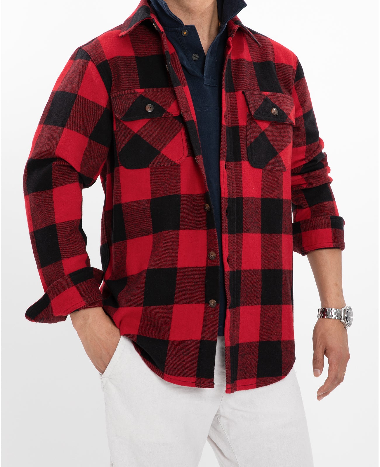 Men's Stalwart Heavyweight Flannel Shirt in plaid pattern, showcasing its relaxed fit and premium fabric.