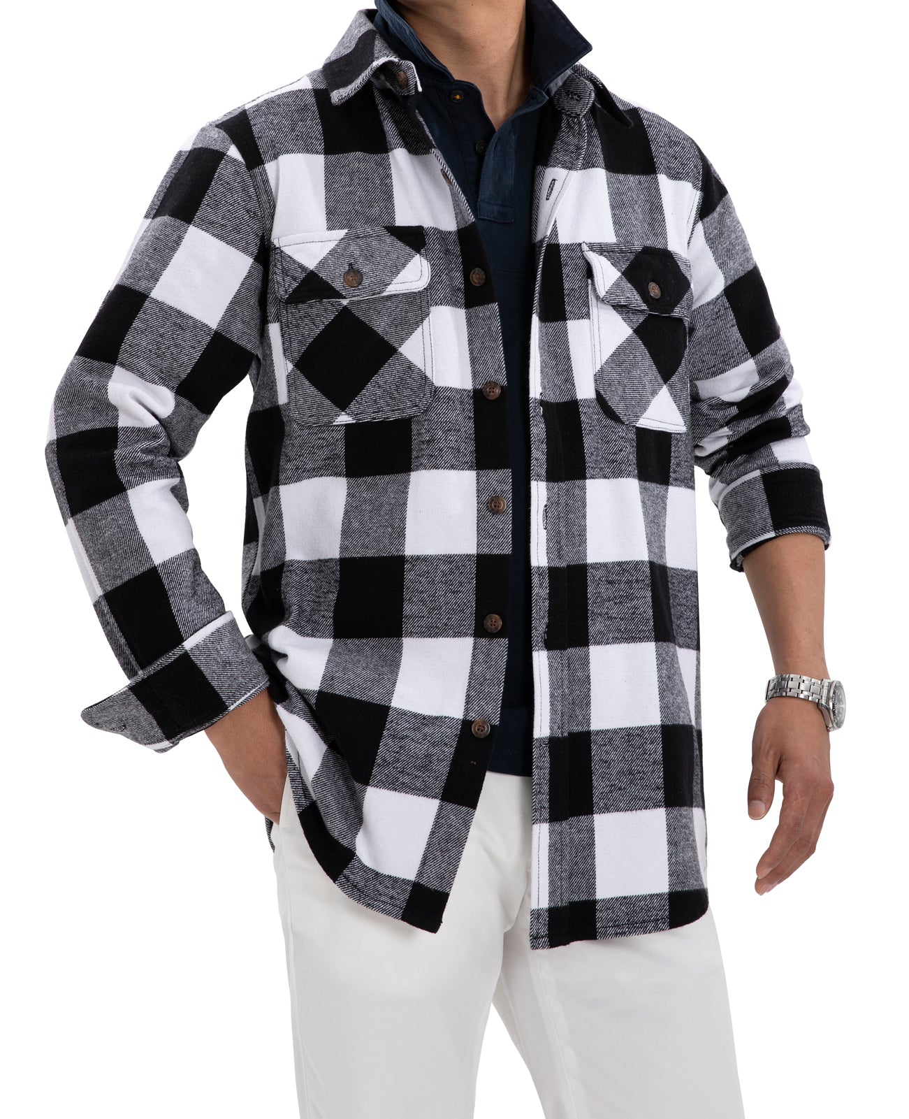 Men's Stalwart Heavyweight Flannel Shirt in plaid pattern, showcasing its relaxed fit and premium fabric.