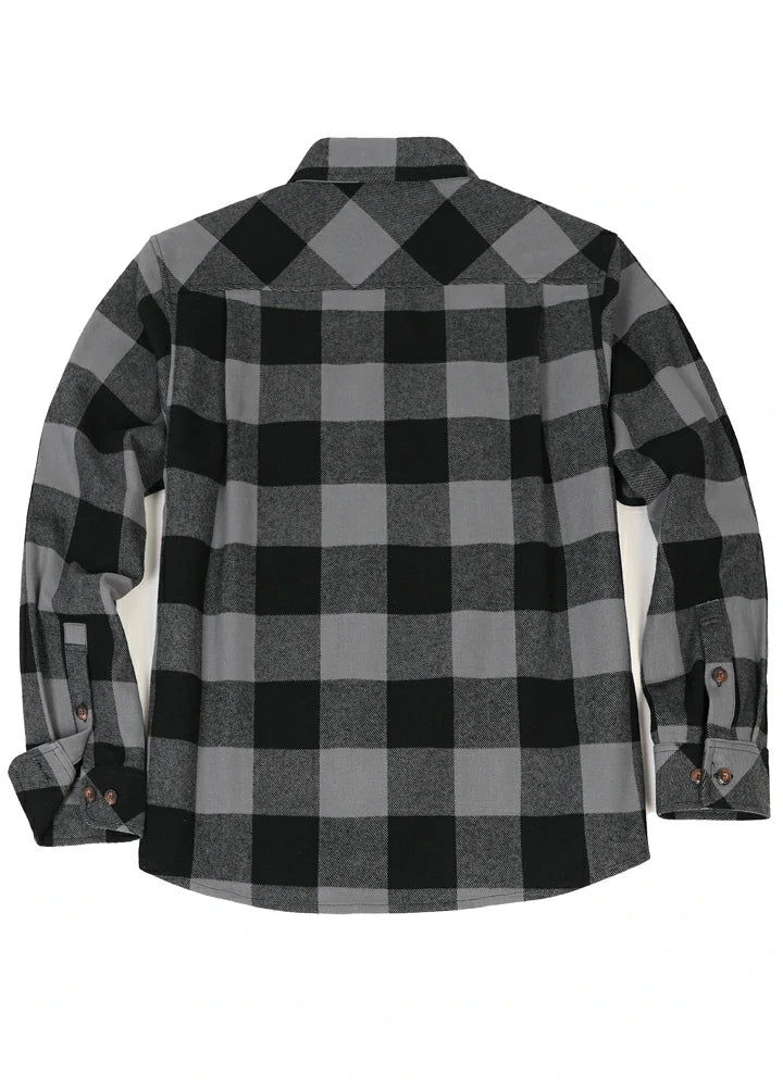 Men's Stalwart Heavyweight Flannel Shirt in plaid pattern, showcasing its relaxed fit and premium fabric.