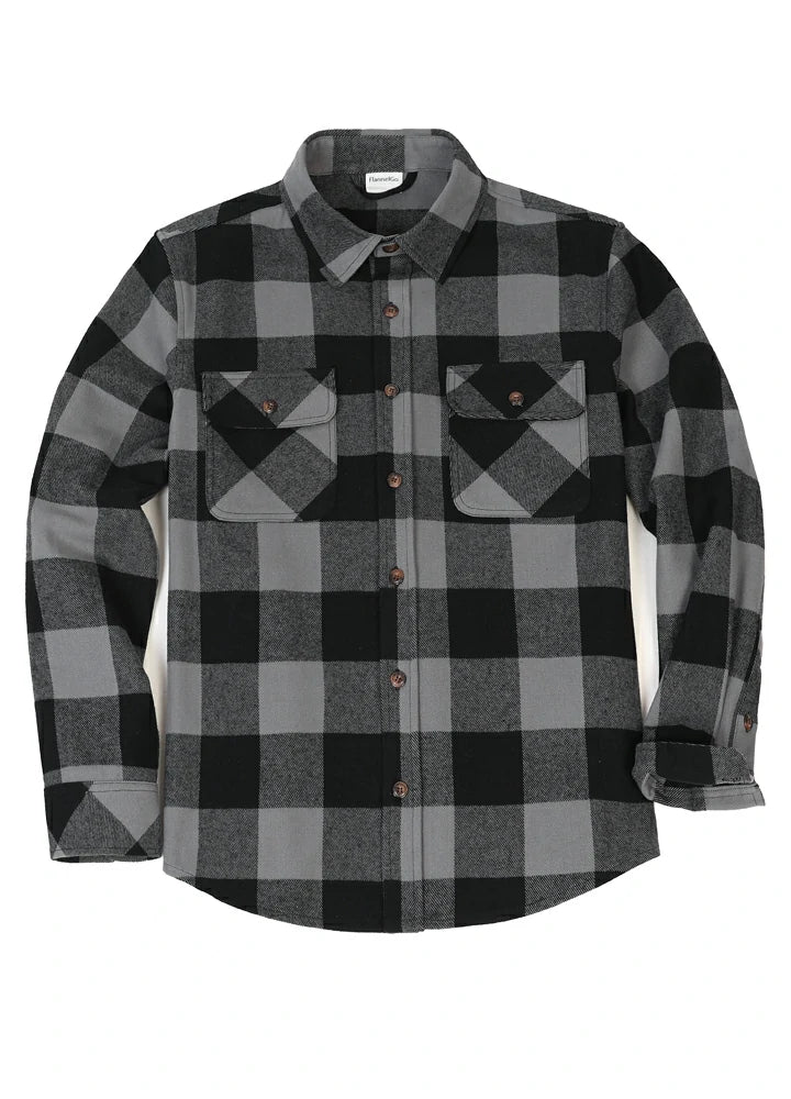 Men's Stalwart Heavyweight Flannel Shirt in plaid pattern, showcasing its relaxed fit and premium fabric.