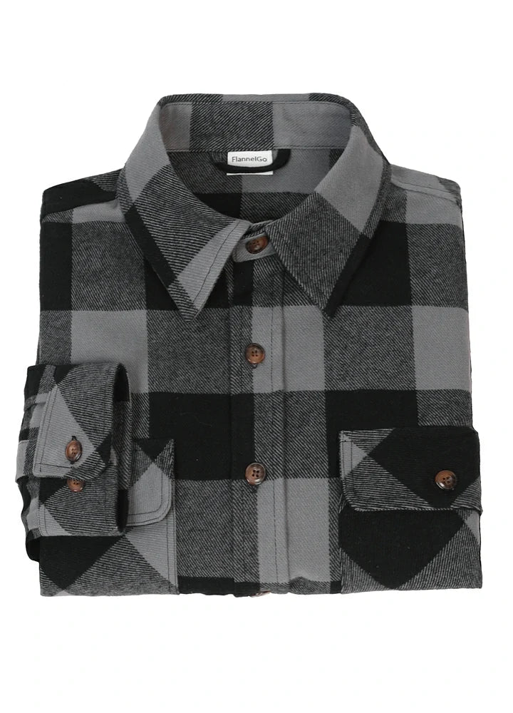 Men's Stalwart Heavyweight Flannel Shirt in plaid pattern, showcasing its relaxed fit and premium fabric.