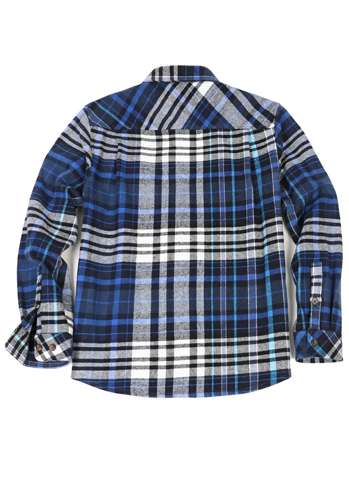 Men's Stalwart Heavyweight Flannel Shirt in plaid pattern, showcasing its relaxed fit and premium fabric.
