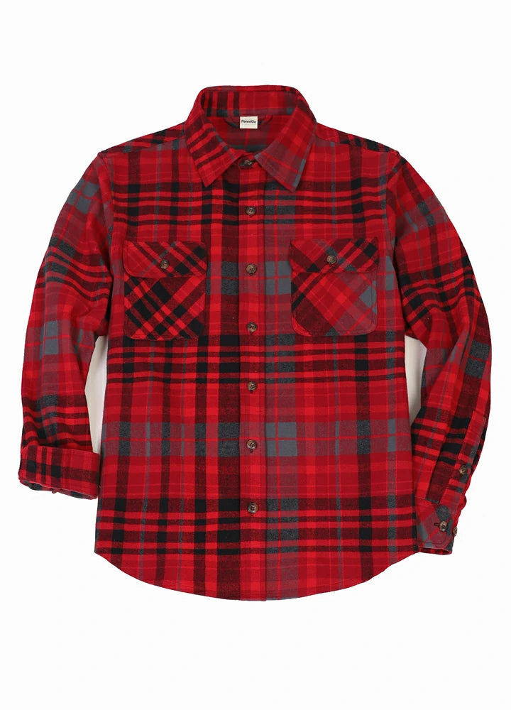 Men's Stalwart Heavyweight Flannel Shirt in plaid pattern, showcasing its relaxed fit and premium fabric.