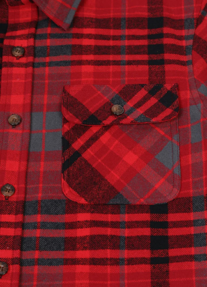 Men's Stalwart Heavyweight Flannel Shirt in plaid pattern, showcasing its relaxed fit and premium fabric.