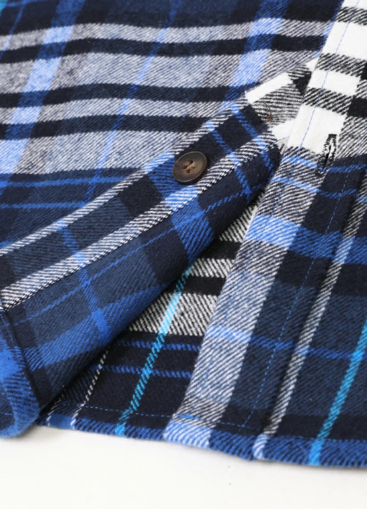 Men's Stalwart Heavyweight Flannel Shirt in plaid pattern, showcasing its relaxed fit and premium fabric.