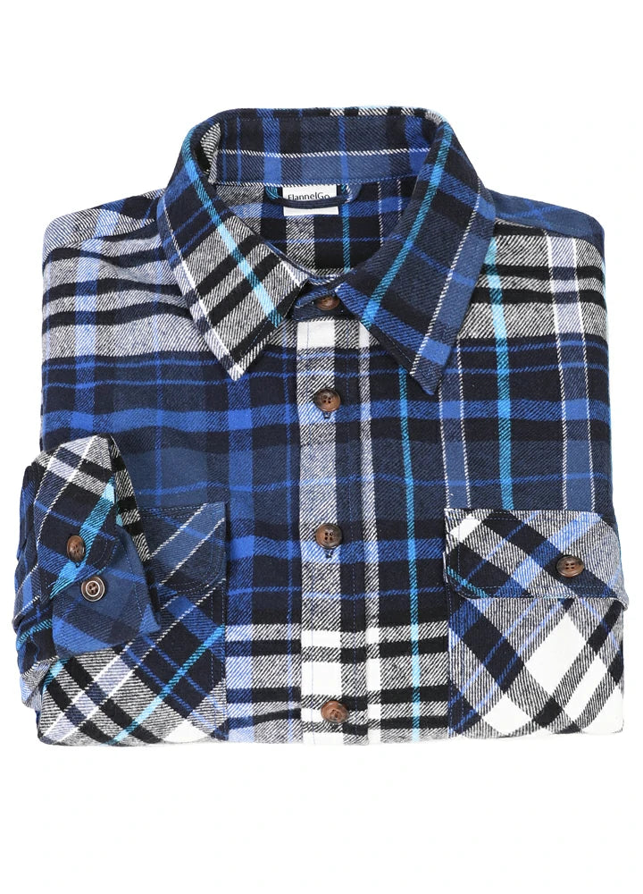 Men's Stalwart Heavyweight Flannel Shirt in plaid pattern, showcasing its relaxed fit and premium fabric.