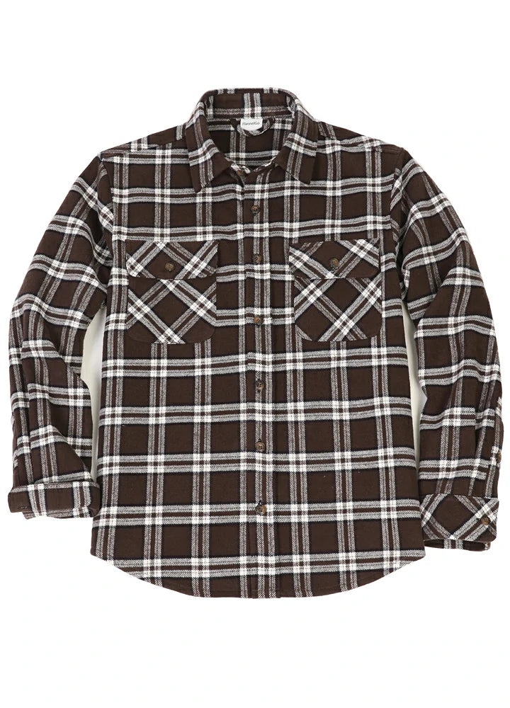 Men's Stalwart Heavyweight Flannel Shirt in plaid pattern, showcasing its relaxed fit and premium fabric.