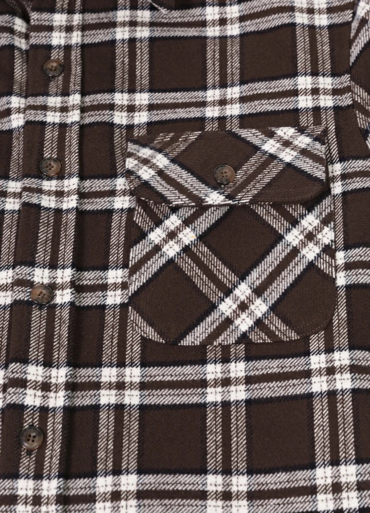 Men's Stalwart Heavyweight Flannel Shirt in plaid pattern, showcasing its relaxed fit and premium fabric.