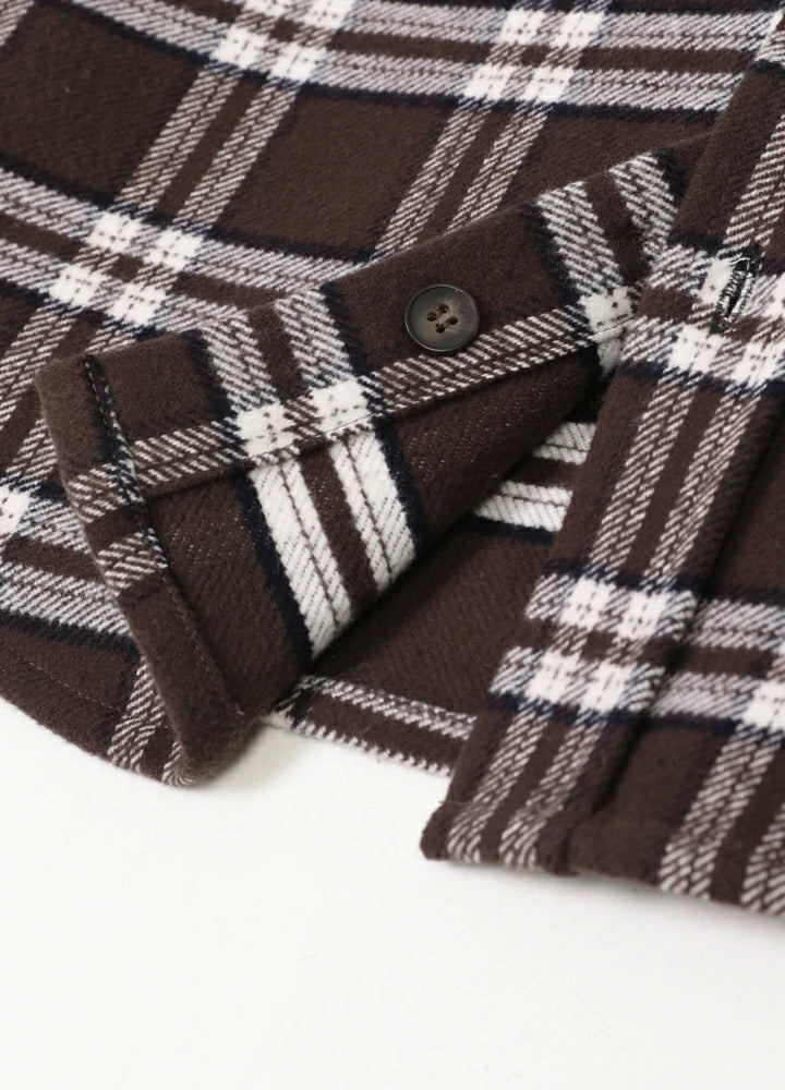 Men's Stalwart Heavyweight Flannel Shirt in plaid pattern, showcasing its relaxed fit and premium fabric.
