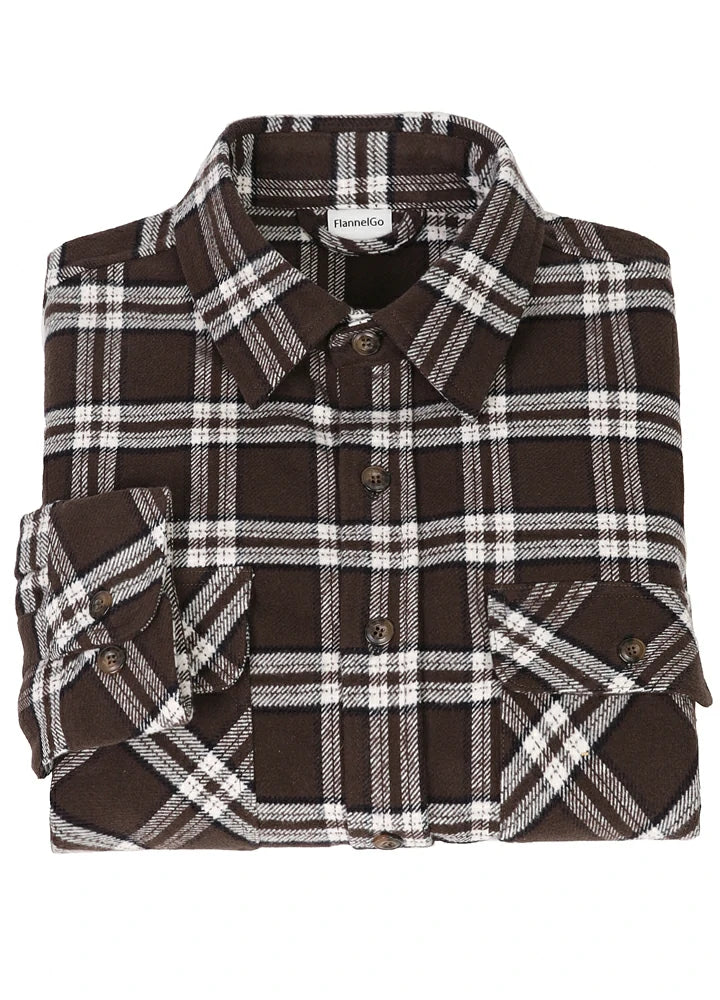 Men's Stalwart Heavyweight Flannel Shirt in plaid pattern, showcasing its relaxed fit and premium fabric.