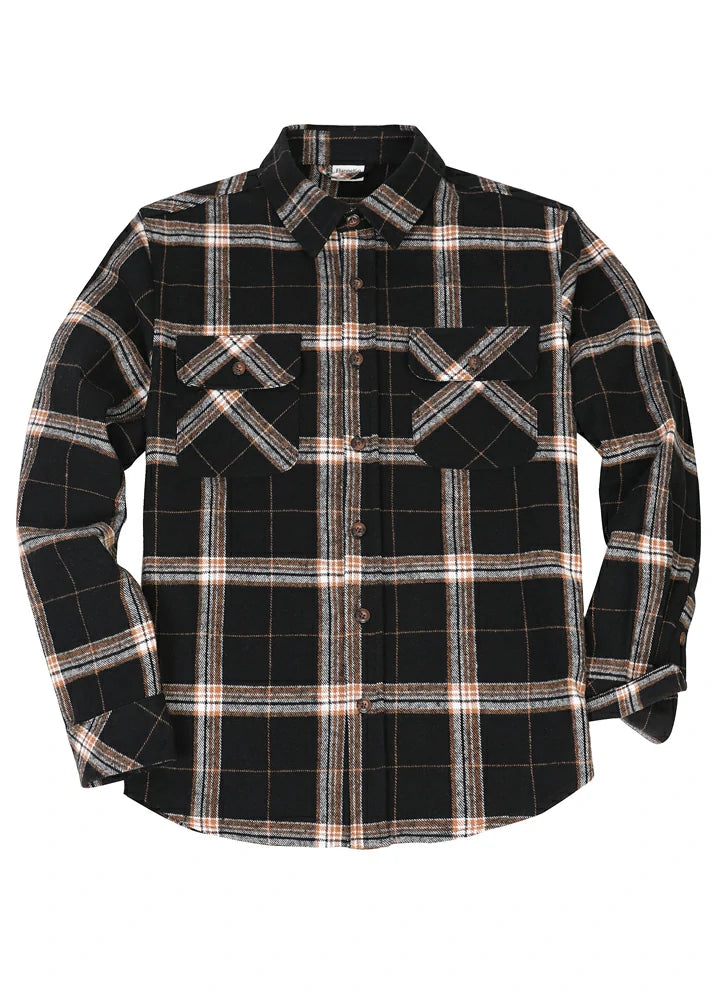 Men's Stalwart Heavyweight Flannel Shirt in plaid pattern, showcasing its relaxed fit and premium fabric.