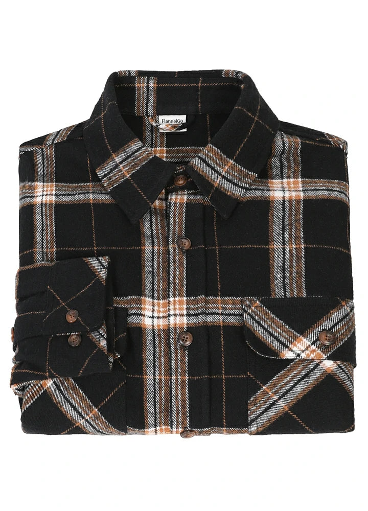 Men's Stalwart Heavyweight Flannel Shirt in plaid pattern, showcasing its relaxed fit and premium fabric.