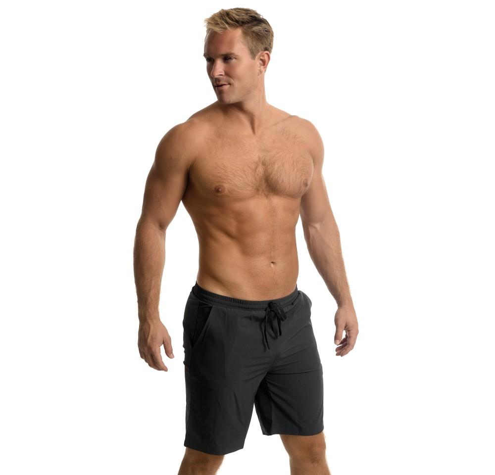 Mens Suplex drawstring shorts featuring faux-tulip detail, elastic waistband, and pockets, perfect for casual and active wear.