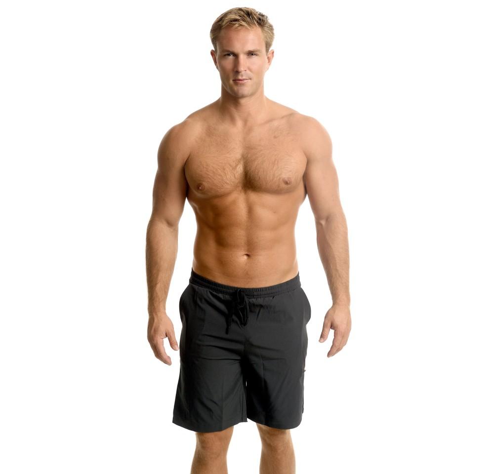 Mens Suplex drawstring shorts featuring faux-tulip detail, elastic waistband, and pockets, perfect for casual and active wear.