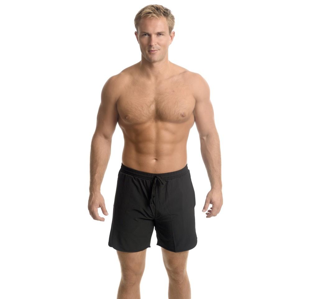 Mens Suplex drawstring shorts featuring faux-tulip detail, elastic waistband, and pockets, perfect for casual and active wear.