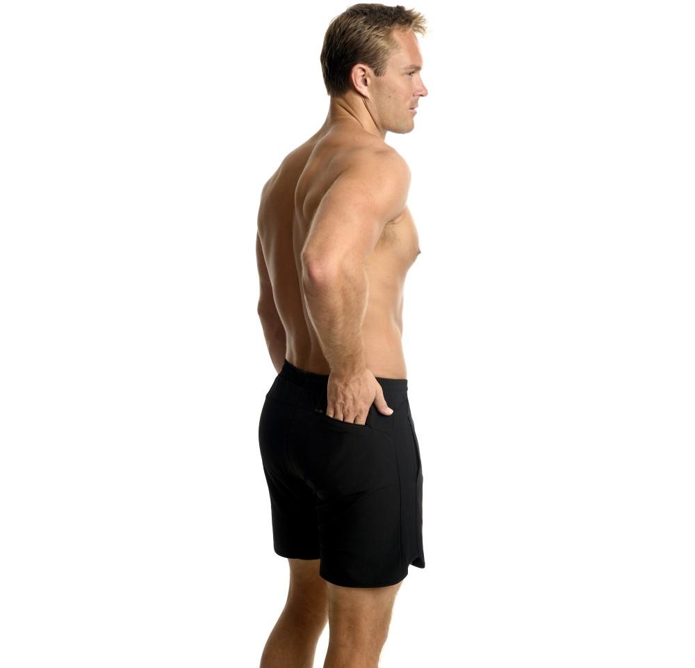 Mens Suplex drawstring shorts featuring faux-tulip detail, elastic waistband, and pockets, perfect for casual and active wear.