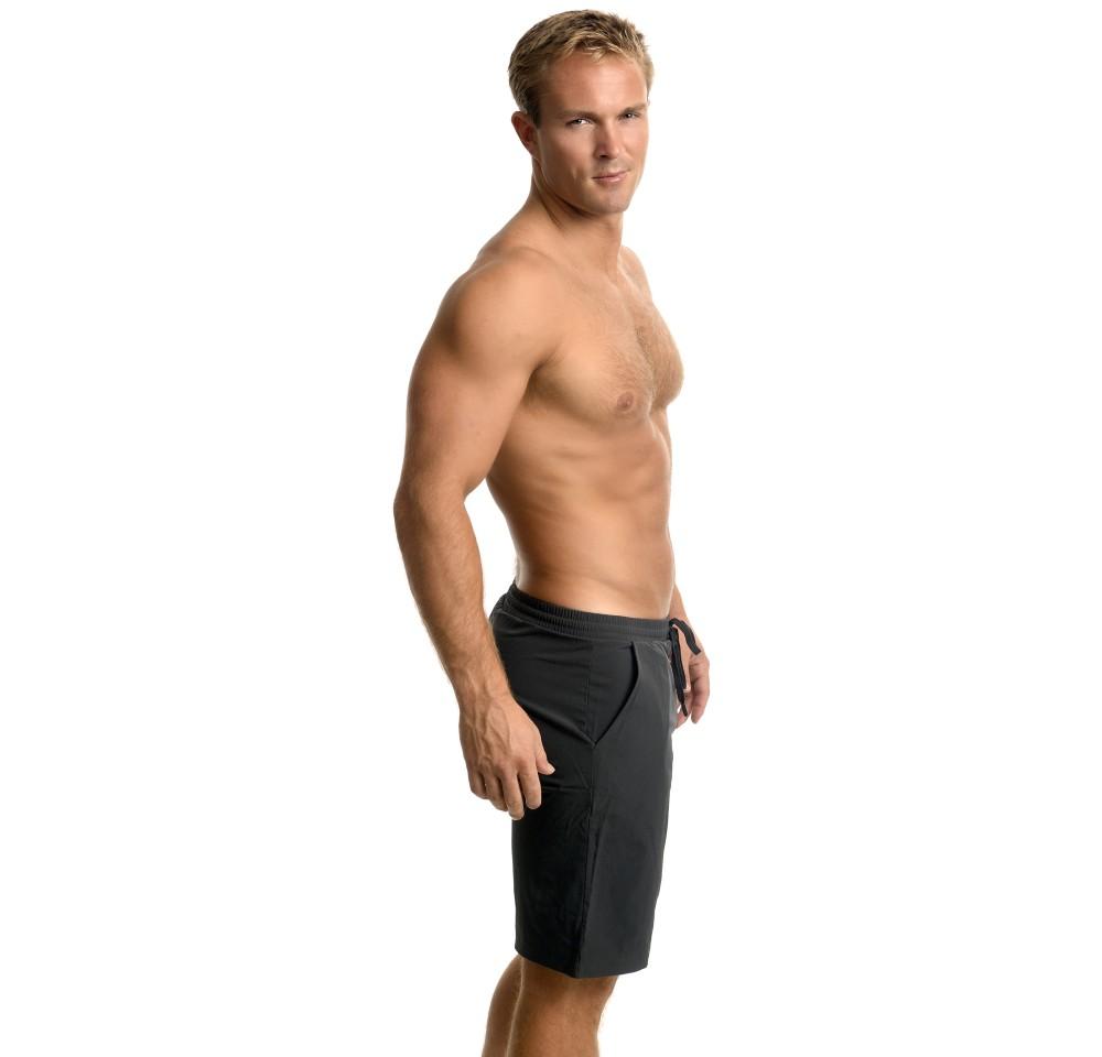 Mens Suplex drawstring shorts featuring faux-tulip detail, elastic waistband, and pockets, perfect for casual and active wear.