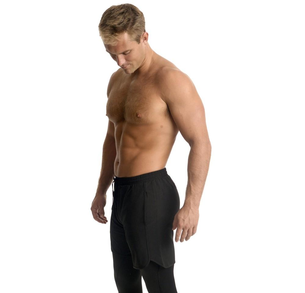 Mens Suplex drawstring shorts featuring faux-tulip detail, elastic waistband, and pockets, perfect for casual and active wear.