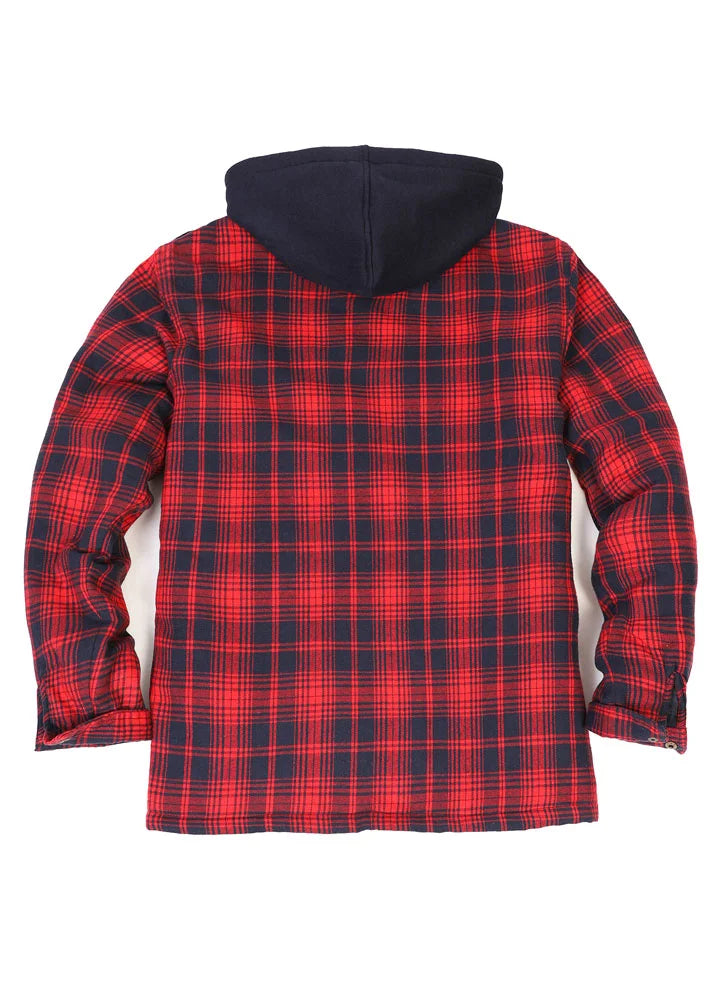 Men's Thicken Plaid Hooded Flannel Shirt Jacket with Quilted Lining, featuring a stylish plaid pattern and adjustable fleece hood.