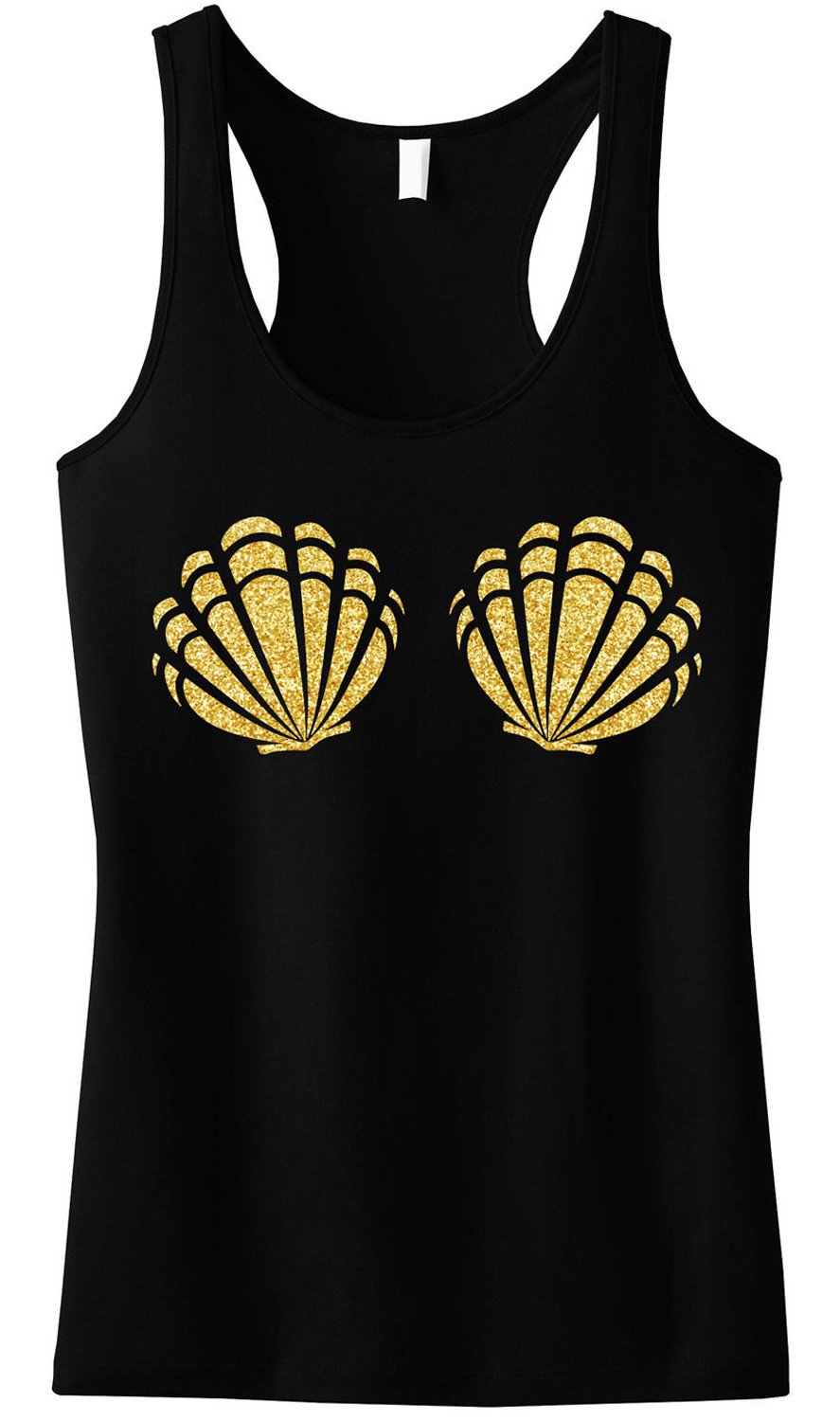 MERMAID Sea Shells Black Tank Top featuring gold glitter sea shell print, perfect for summer fashion.