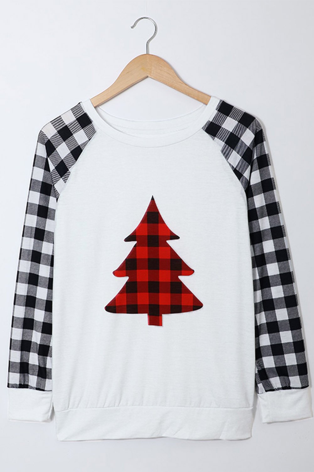 Merry Christmas Gray Long Sleeve Top featuring holiday-themed graphic and buffalo check sleeves.