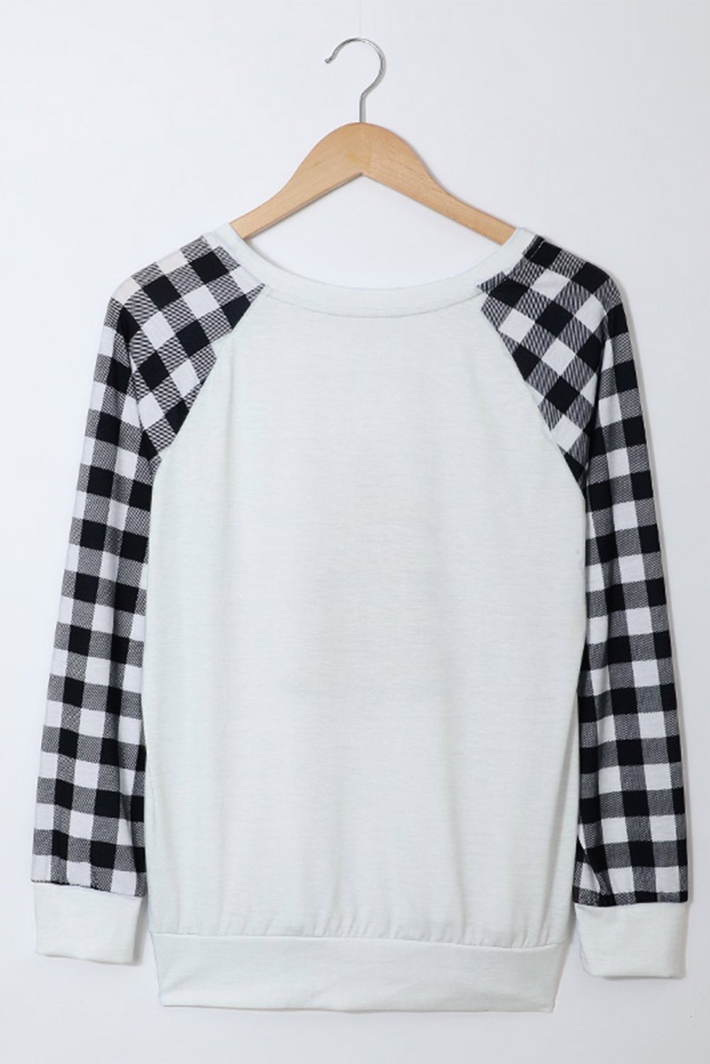 Merry Christmas Gray Long Sleeve Top featuring holiday-themed graphic and buffalo check sleeves.